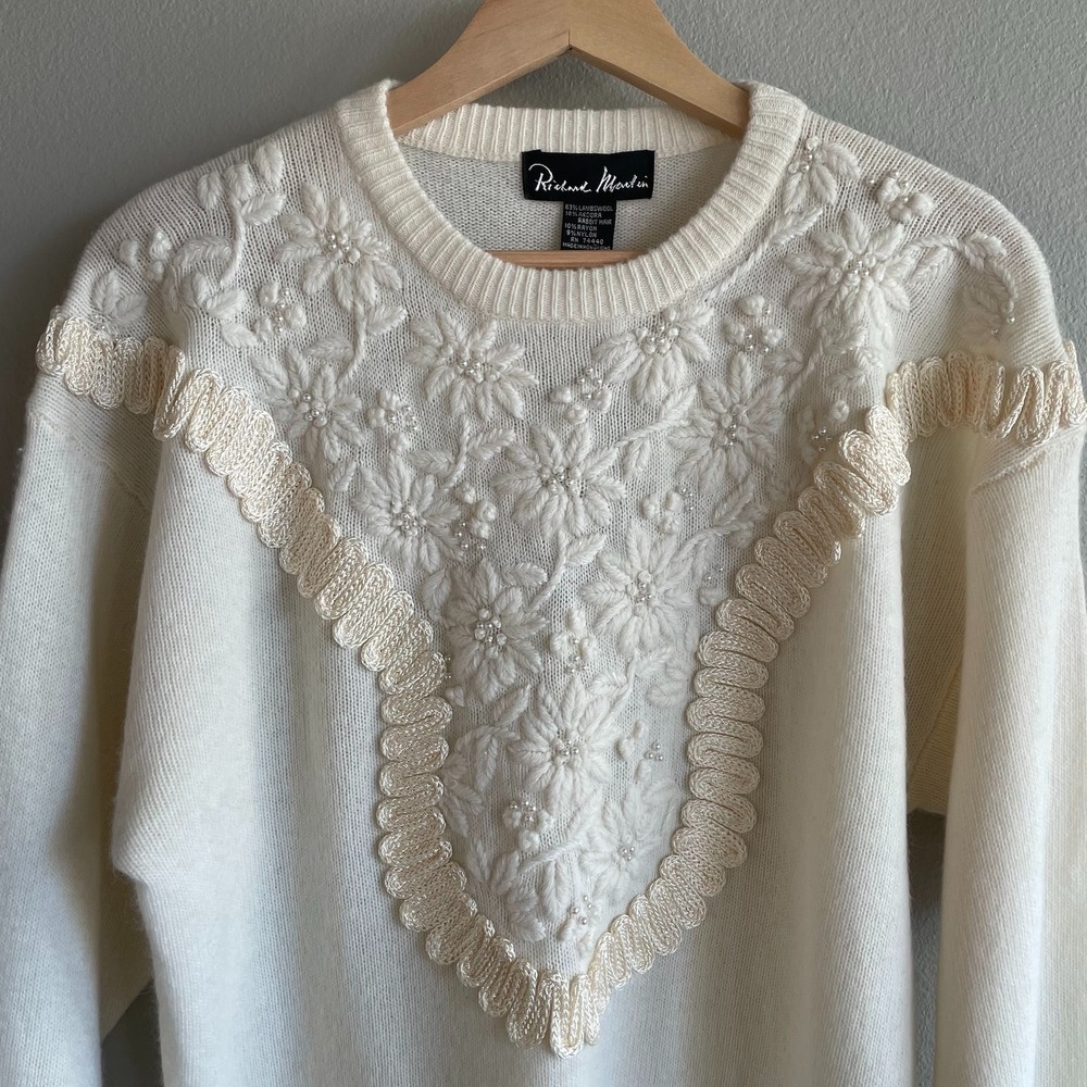 NWT Vintage Lambswool Sweater Medium Women 80s 90s Beaded Embroidered Angora